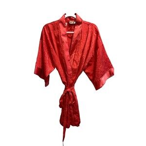Victoria’s Secret Womens Coral Red Robe OS Satin Jacquard Kimono Sleeve Belted